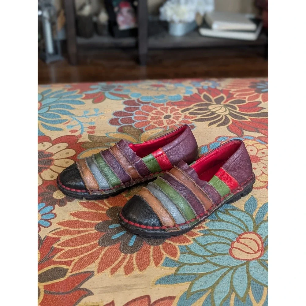 Handmade Women's Multicolor Leather Patchwork Slip On Loafers Comfort Shoes 7.5